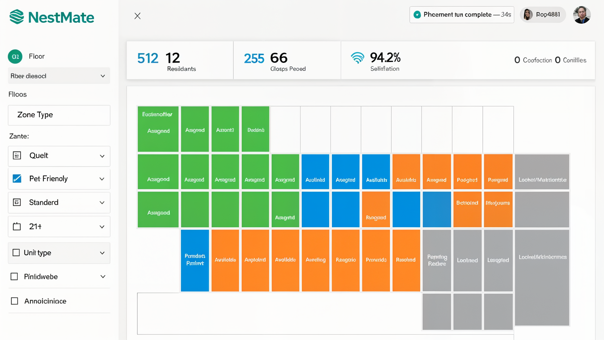 NestMate admin dashboard showing unit placement grid with color-coded status