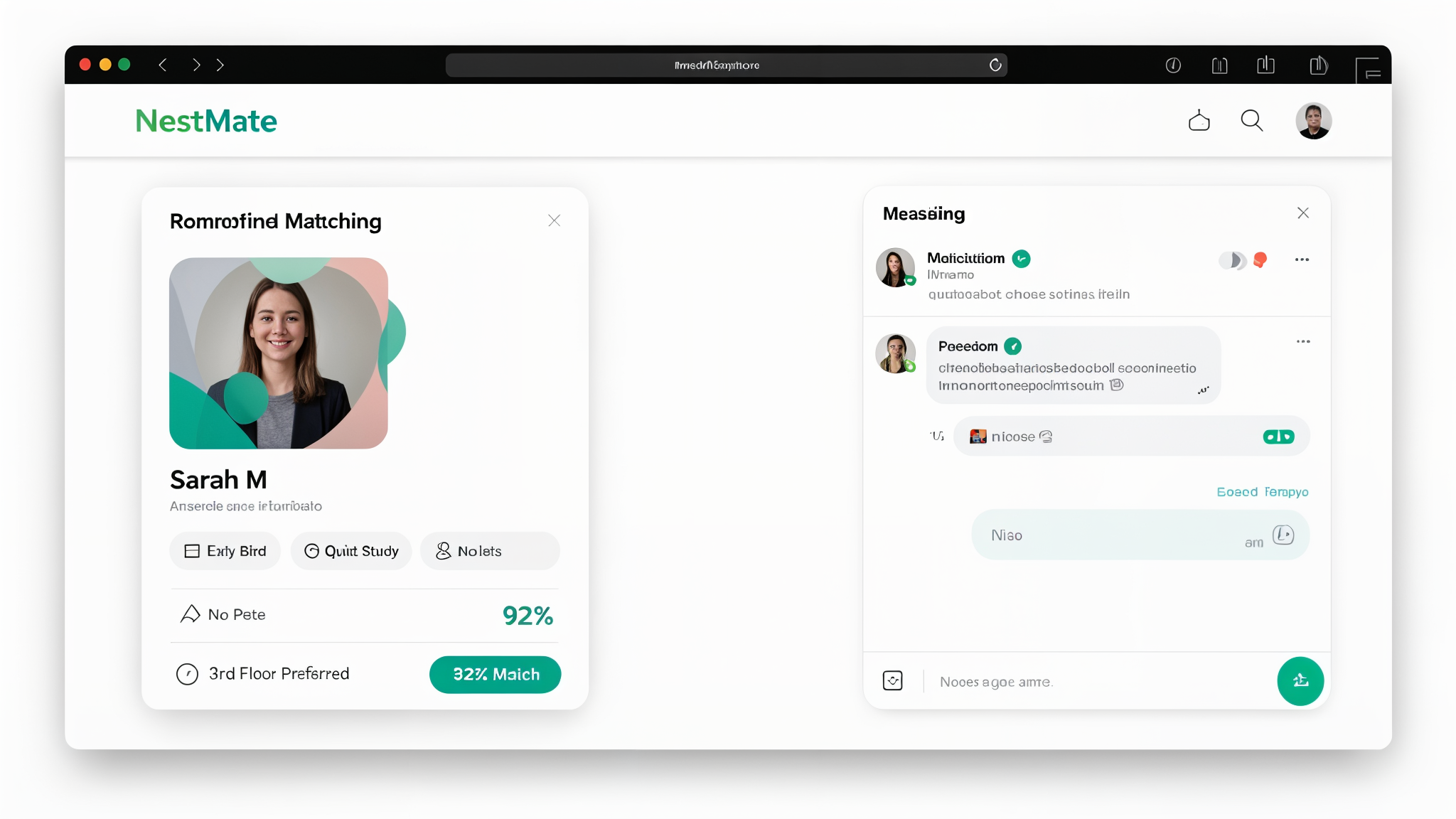 NestMate resident roommate matching interface showing compatibility scores and swipe-to-match
