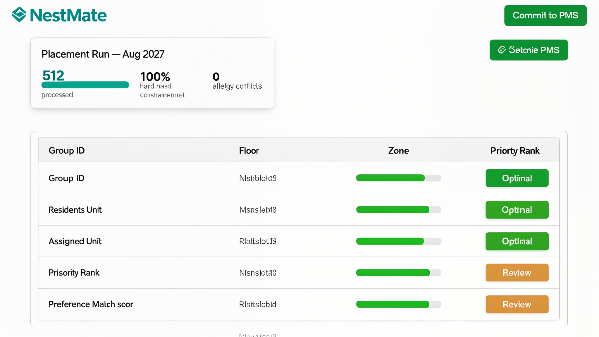NestMate AI placement results showing group assignments with satisfaction scores